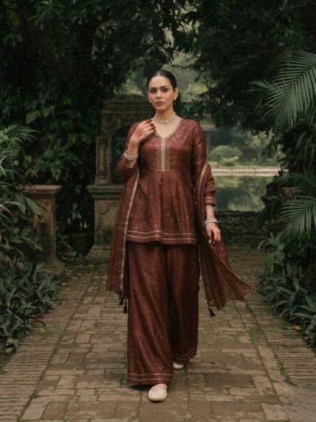 Brown Fandi Silk Palazzo 3 Pic Set With Embroidared Beautiful Neckline Work For Wholesale Fashion  Embroidery Kurtis 