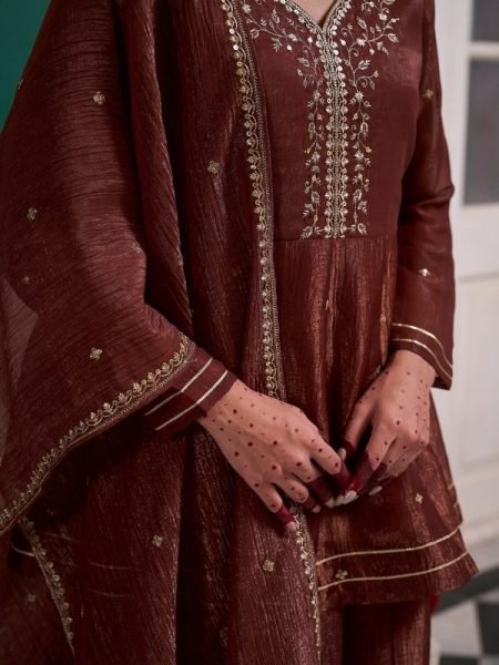 Brown Fandi Silk Palazzo 3 Pic Set With Embroidared Beautiful Neckline Work For Wholesale Fashion  Embroidery Kurtis 