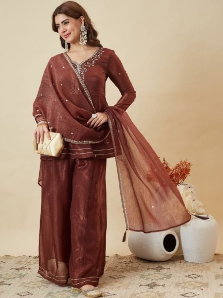 Brown Fandi Silk Palazzo 3 Pic Set With Embroidared Beautiful Neckline Work For Wholesale Fashion  Embroidery Kurtis 