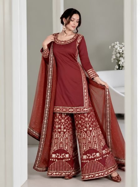 Brown Fandy Crush Silk Gown with Cutdana Beads and Glass Sequin Work at Manufacturer  Ready To Wear Suit