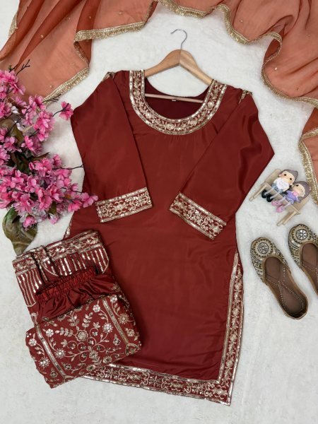 Brown Fandy Crush Silk Gown with Cutdana Beads and Glass Sequin Work at Manufacturer  Ready To Wear Collection