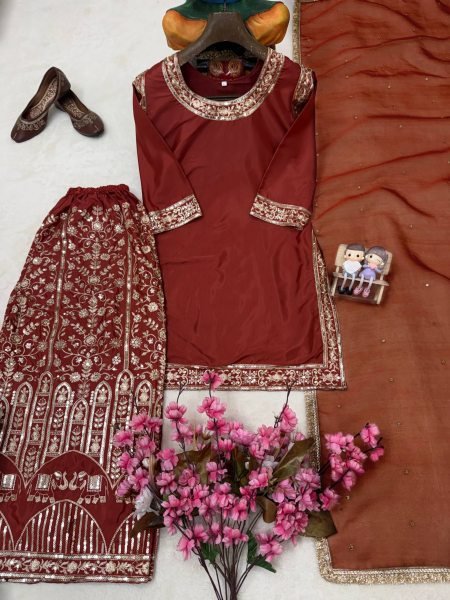 Brown Fandy Crush Silk Gown with Cutdana Beads and Glass Sequin Work at Manufacturer  Ready To Wear Collection