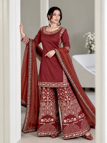 Brown Fandy Crush Silk Gown with Cutdana Beads and Glass Sequin Work at Manufacturer  Ready To Wear Collection
