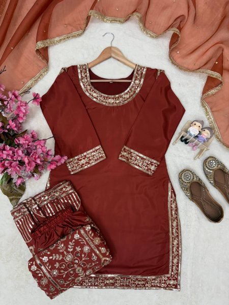 Brown Fandy Crush Silk Gown with Cutdana Beads and Glass Sequin Work at Manufacturer  Ready To Wear Collection