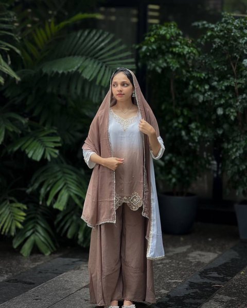 Mocha Pearl Brown Faux Georgette Embroidered Plazzo Set Modest Festive Look for Girls  Ready To Wear Collection
