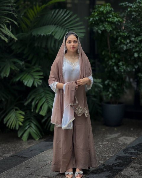 Mocha Pearl Brown Faux Georgette Embroidered Plazzo Set Modest Festive Look for Girls  Ready To Wear Collection