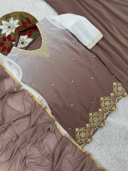 Mocha Pearl Brown Faux Georgette Embroidered Plazzo Set Modest Festive Look for Girls  Ready To Wear Collection