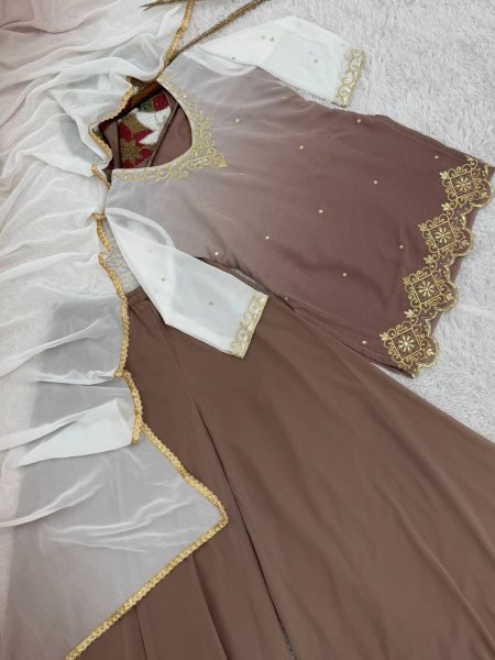 Mocha Pearl Brown Faux Georgette Embroidered Plazzo Set Modest Festive Look for Girls  Ready To Wear Collection