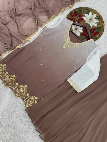 Mocha Pearl Brown Faux Georgette Embroidered Plazzo Set Modest Festive Look for Girls  Ready To Wear Collection