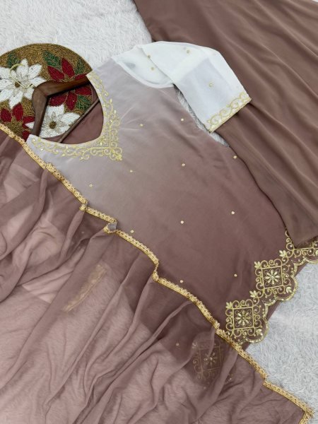 Mocha Pearl Brown Faux Georgette Embroidered Plazzo Set Modest Festive Look for Girls  Ready To Wear Collection