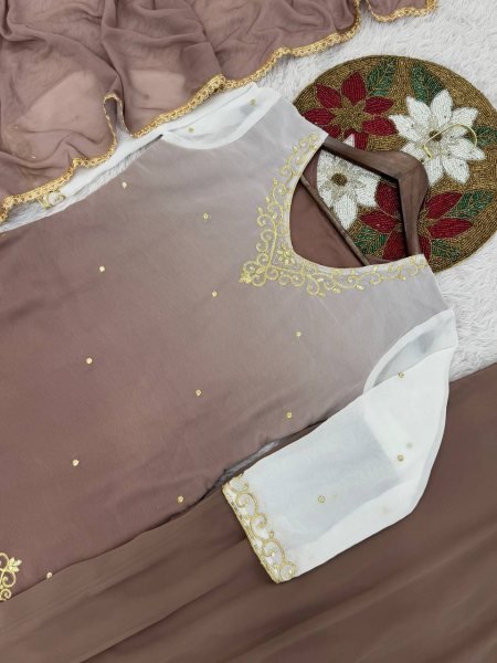Mocha Pearl Brown Faux Georgette Embroidered Plazzo Set Modest Festive Look for Girls  Ready To Wear Collection