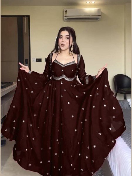 Brown Fully Stitched Georgette Anarkali with Pant and Dupatta for Bulk Buyers