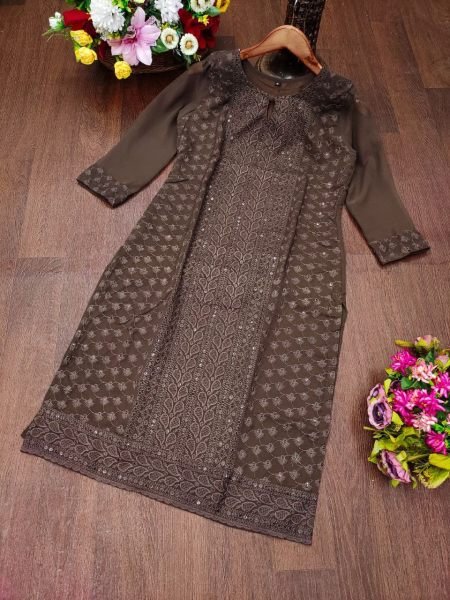 Brown Georgette Chikankari Kurti Elegant Fit with Subtle Sequin Shine Georgette Kurti 