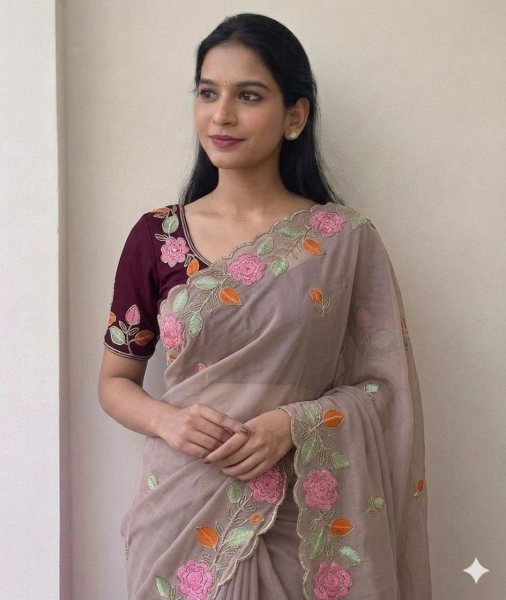 Brown Georgette Floral Embroidery Saree with Cut Work Border for Party Wear Embroidery Sarees Wholesale