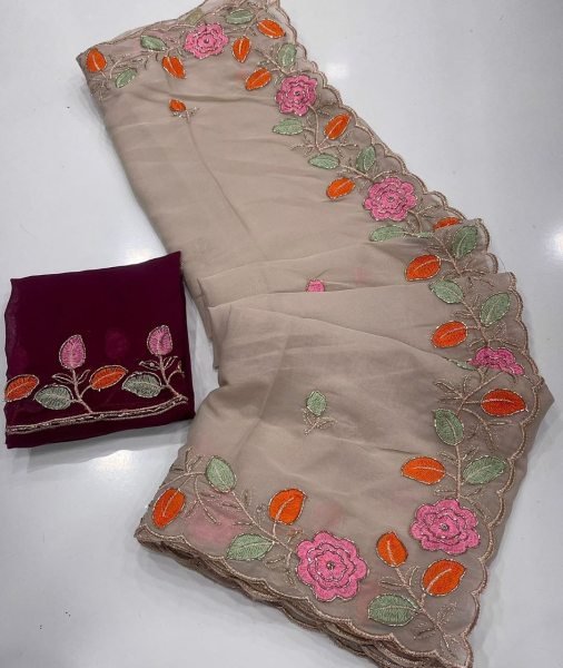 Brown Georgette Floral Embroidery Saree with Cut Work Border for Party Wear Embroidery Sarees Wholesale