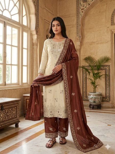 Brown GMY Silk Palazzo Suit with Heavy Embroidery Sequence Work for Party Wear Ready To Wear Collection