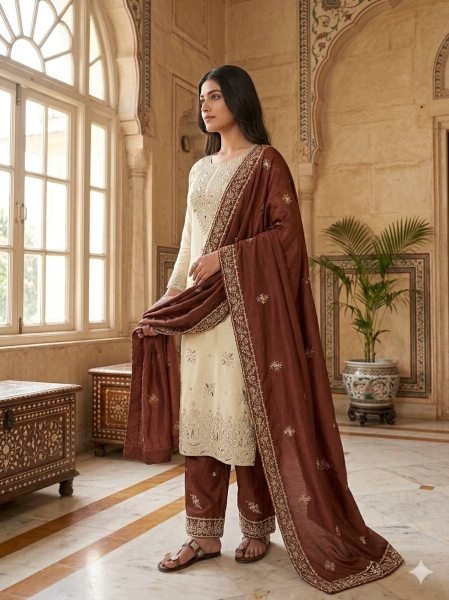 Brown GMY Silk Palazzo Suit with Heavy Embroidery Sequence Work for Party Wear Ready To Wear Collection