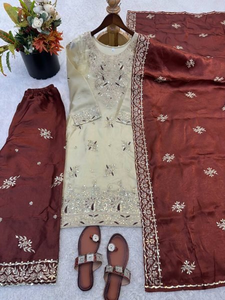 Brown GMY Silk Palazzo Suit with Heavy Embroidery Sequence Work for Party Wear Ready To Wear Collection