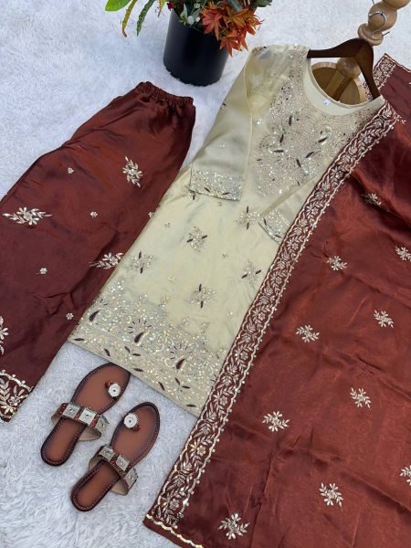 Brown GMY Silk Palazzo Suit with Heavy Embroidery Sequence Work for Party Wear Ready To Wear Collection