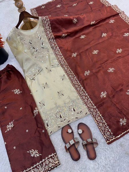 Brown GMY Silk Palazzo Suit with Heavy Embroidery Sequence Work for Party Wear Ready To Wear Collection