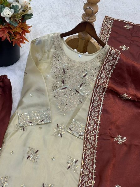 Brown GMY Silk Palazzo Suit with Heavy Embroidery Sequence Work for Party Wear Ready To Wear Collection