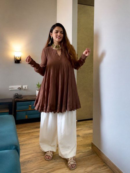 Brown Heavy Mal Chanderi Top Palazzo Suit Set with Embroidery and Fancy Cut Work Kurtis