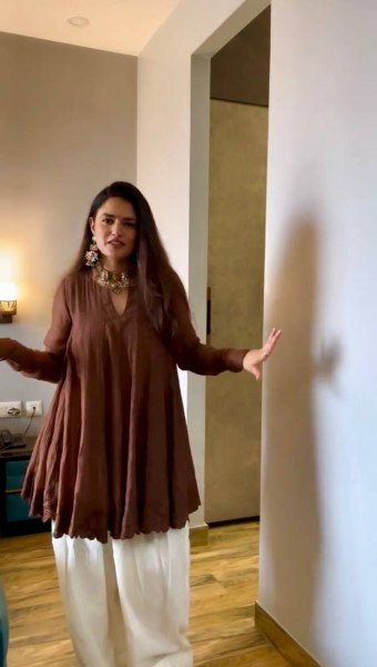 Brown Heavy Mal Chanderi Top Palazzo Suit Set with Embroidery and Fancy Cut Work CO ORD Sets