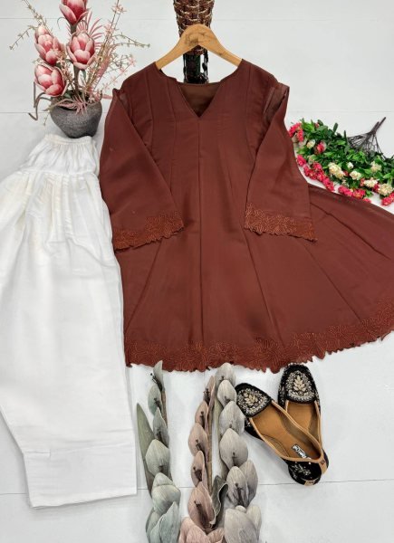 Brown Heavy Mal Chanderi Top Palazzo Suit Set with Embroidery and Fancy Cut Work CO ORD Sets