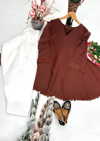 Brown Heavy Mal Chanderi Top Palazzo Suit Set with Embroidery and Fancy Cut Work CO ORD Sets