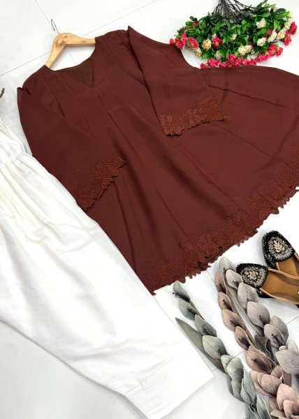 Brown Heavy Mal Chanderi Top Palazzo Suit Set with Embroidery and Fancy Cut Work CO ORD Sets