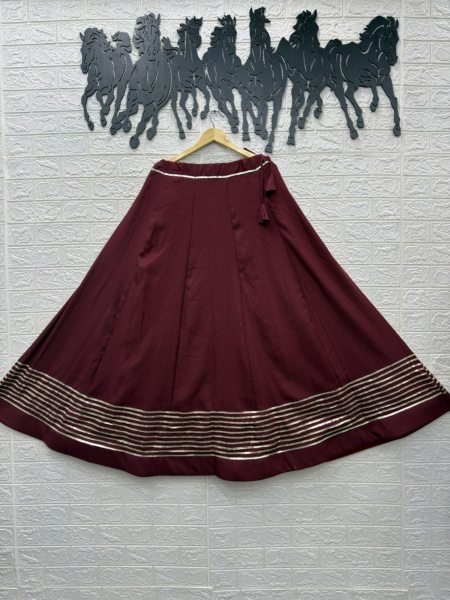 Brown Heavy Rayon Cotton Lehenga with Canvas Patta Stitching in Navrati Collection   Lehenga