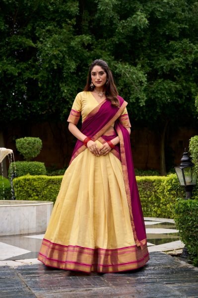 Brown Kanchipuram Dupatta Lehenga Choli for South Indian Cultural Outfit Half Saree Lehenga