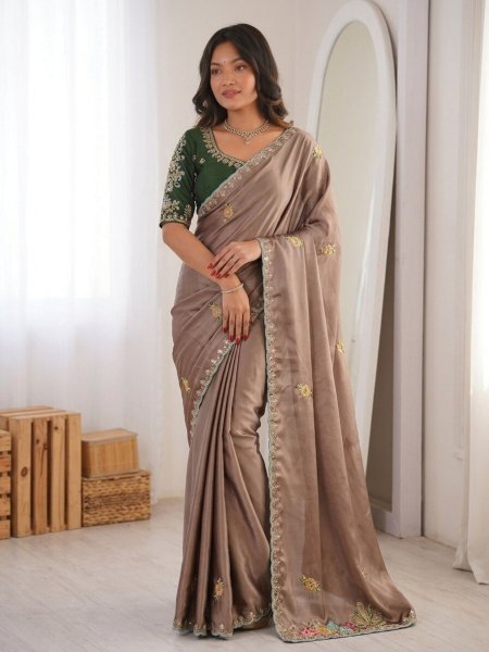 Brown New Arrival Embroidered Saree with Elegant Border for Festive Collection Sarees 