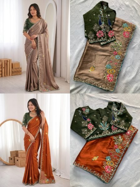 Brown New Arrival Embroidered Saree with Elegant Border for Festive Collection Silk Sarees Wholesale