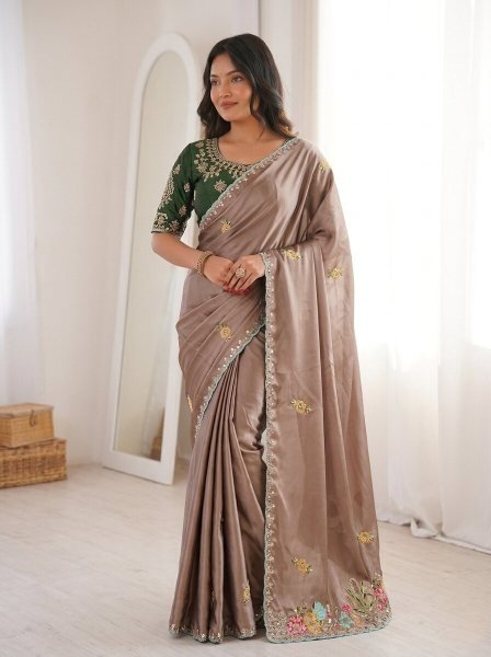 Brown New Arrival Embroidered Saree with Elegant Border for Festive Collection Silk Sarees Wholesale