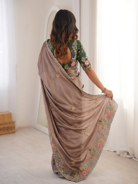Brown New Arrival Embroidered Saree with Elegant Border for Festive Collection Silk Sarees Wholesale