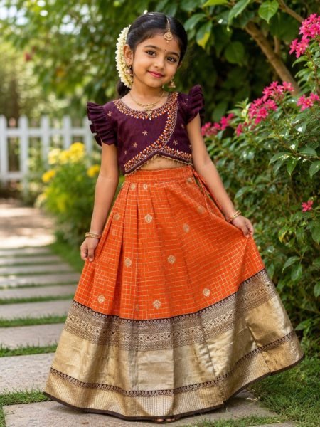 Brown Orange South Indian Pattu Pavadai Lehenga Choli for Weddings and Festivals Kurtis