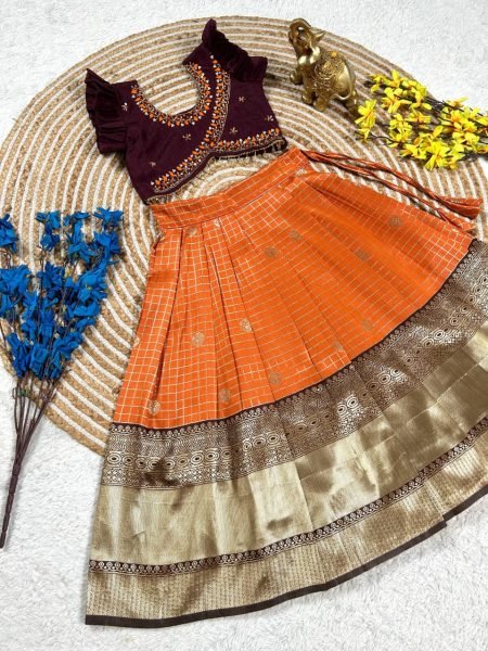 Brown Orange South Indian Pattu Pavadai Lehenga Choli for Weddings and Festivals Girls Wear