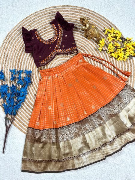 Brown Orange South Indian Pattu Pavadai Lehenga Choli for Weddings and Festivals Girls Wear