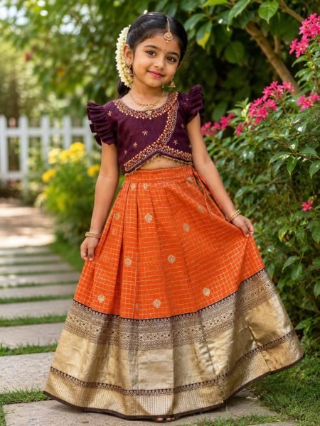 Brown Orange South Indian Pattu Pavadai Lehenga Choli for Weddings and Festivals Girls Wear
