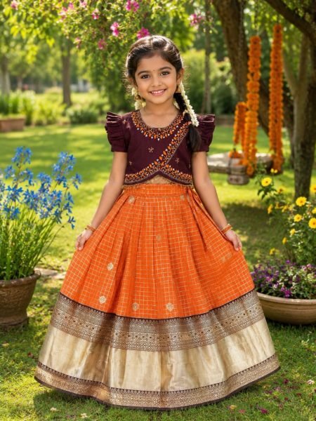Brown Orange South Indian Pattu Pavadai Lehenga Choli for Weddings and Festivals Girls Wear
