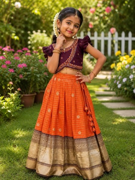Brown Orange South Indian Pattu Pavadai Lehenga Choli for Weddings and Festivals Girls Wear