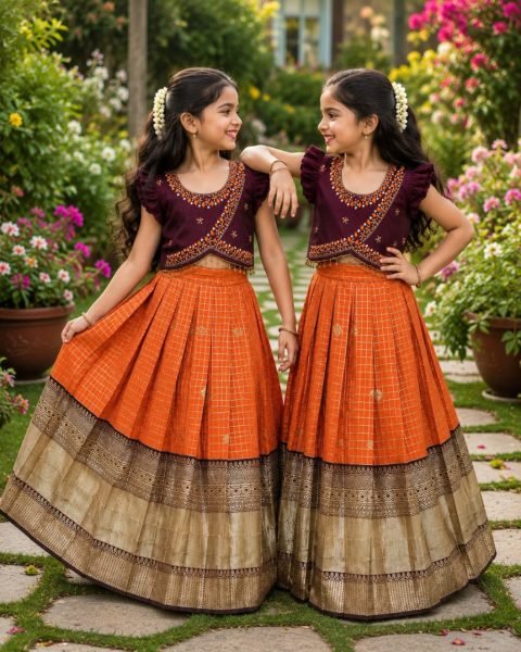Brown Orange South Indian Pattu Pavadai Lehenga Choli for Weddings and Festivals Girls Wear