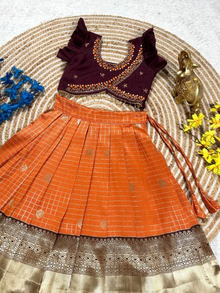 Brown Orange South Indian Pattu Pavadai Lehenga Choli for Weddings and Festivals Girls Wear