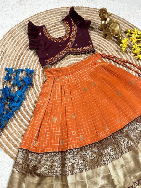 Brown Orange South Indian Pattu Pavadai Lehenga Choli for Weddings and Festivals Girls Wear