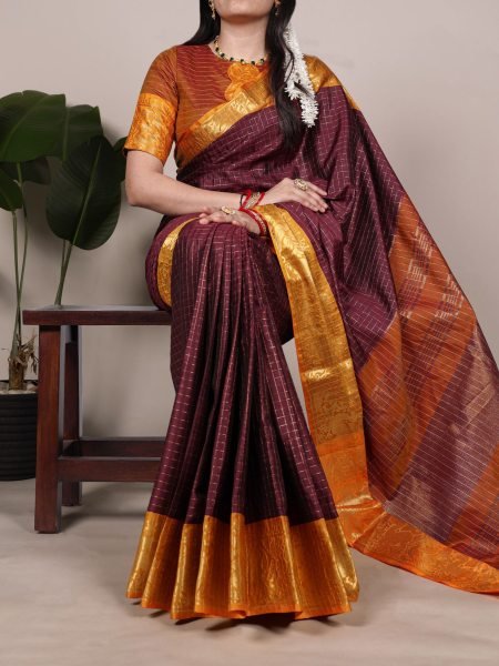 Brown Poly Cotton Chex Saree with Mustard Zari Border Export Quality Sarees 
