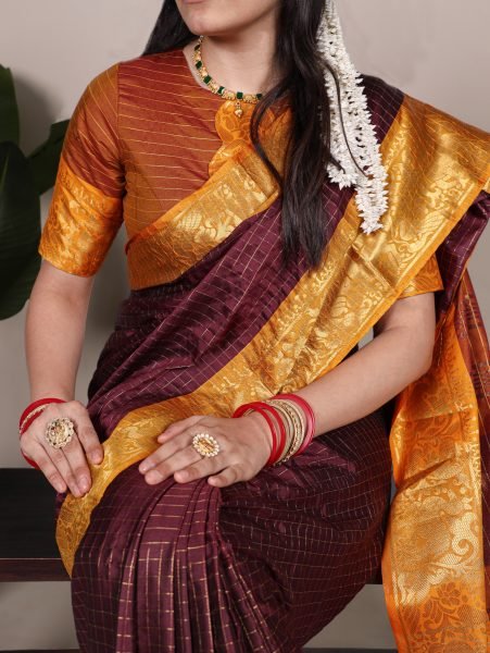 Brown Poly Cotton Chex Saree with Mustard Zari Border Export Quality South Indian Saree 