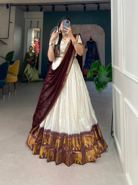 Brown Poly Cotton Lehenga Set with Zari Weaving Checks Pattern and Lace Border Dupatta Half Saree Lehenga