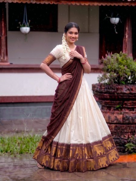 Brown Poly Cotton Lehenga Set with Zari Weaving Checks Pattern and Lace Border Dupatta Half Saree Lehenga