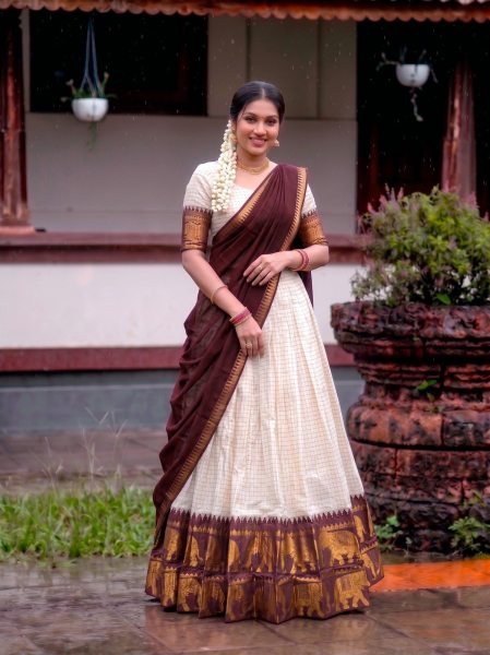 Brown Poly Cotton Lehenga Set with Zari Weaving Checks Pattern and Lace Border Dupatta Half Saree Lehenga